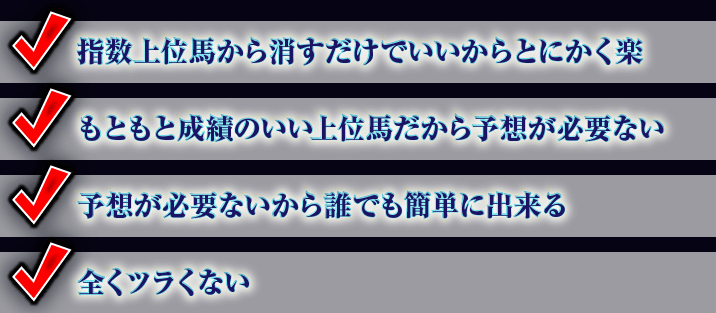 ✓ 指数上位馬から消すだけでいいからとにかく楽。　✓ もともと成績のいい上位馬だから予想が必要ない　✓ 予想が必要ないから誰でも簡単に出来る。　✓ 全くツラくない。